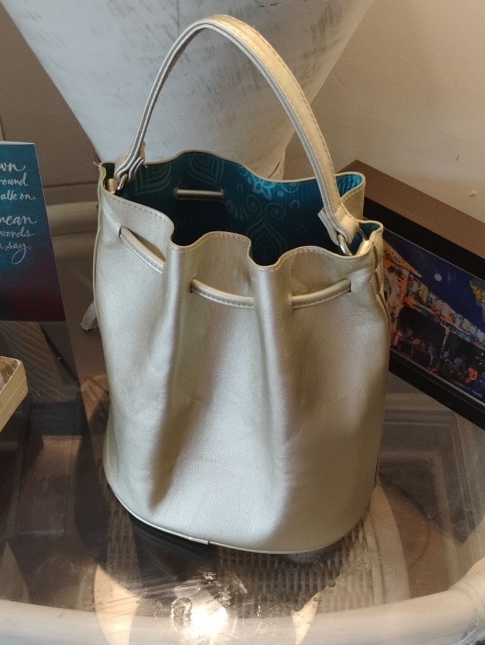 Metallic Gold Drawstring Bucket Handbag - Picture 4 of 4